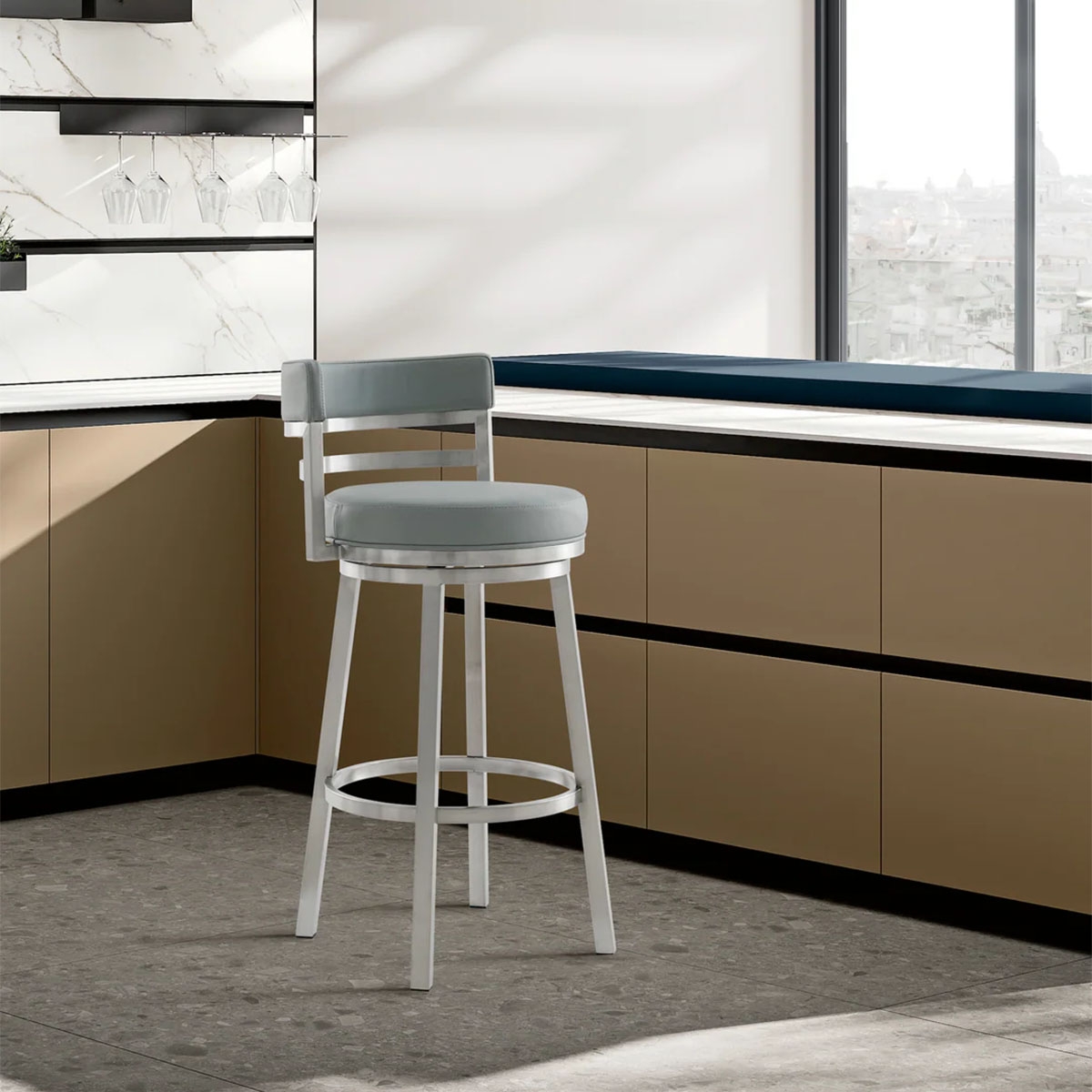 Picture of MADRID GREY LEATHER & STEEL COUNTER STOOL
